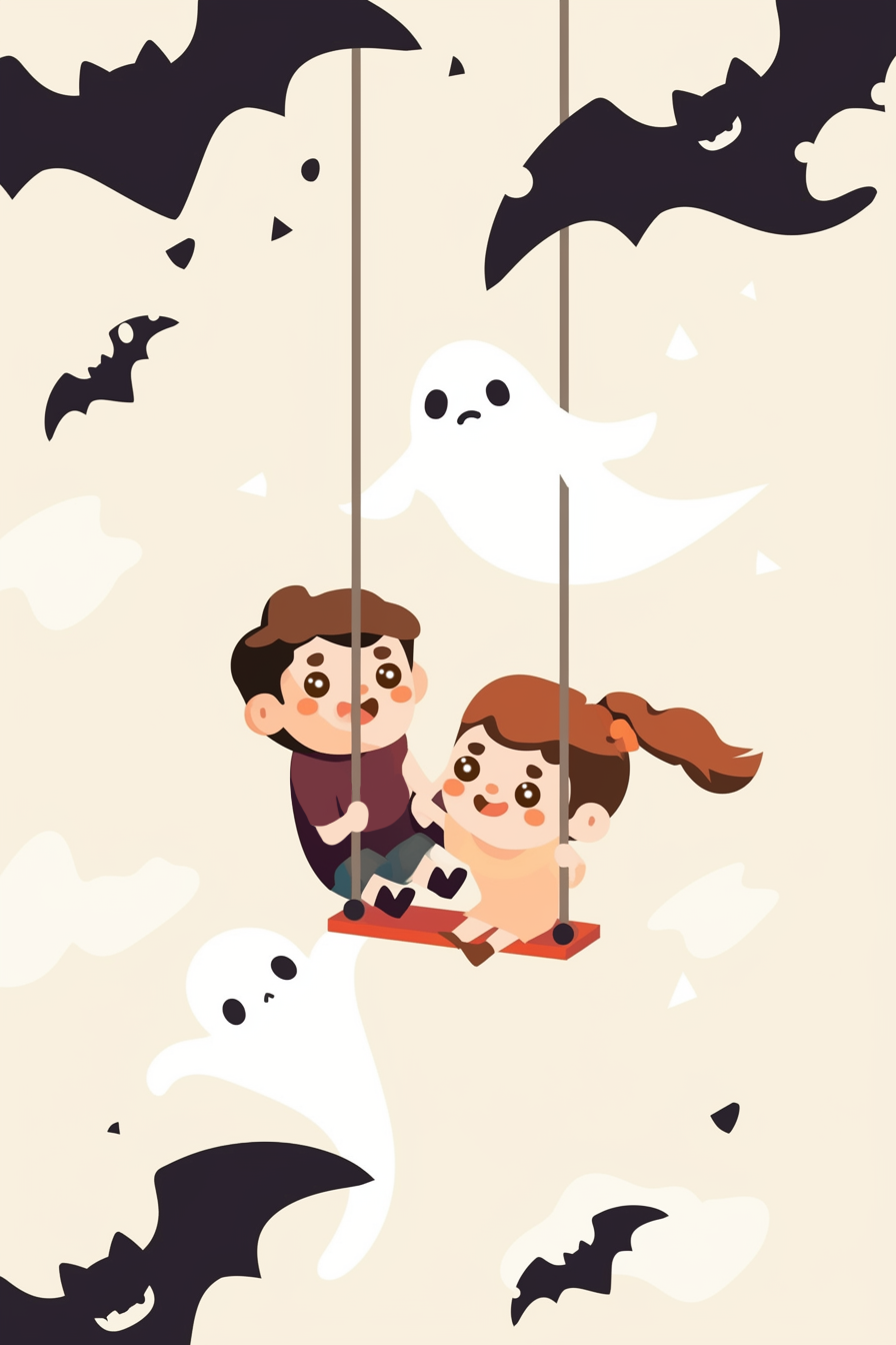 cute halloween drawings for kids featuring children playing on swings, surrounded by friendly ghosts and flying bats.
